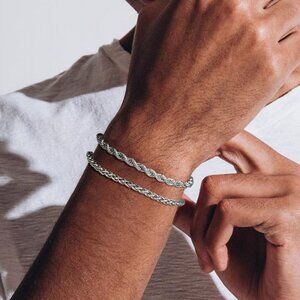 3/$35 Two Silver Rope & Foxtail Chain Bracelet Set Stainless Steel For Men Gifts